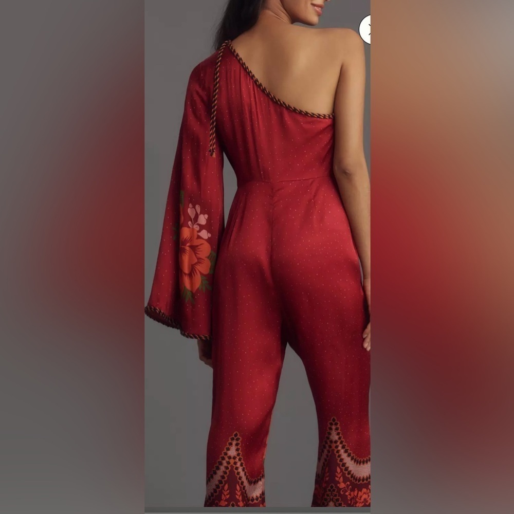 Nwt farm rio satin red floral jumpsuit M spring designer boho satin $300 evening - Picture 2 of 5